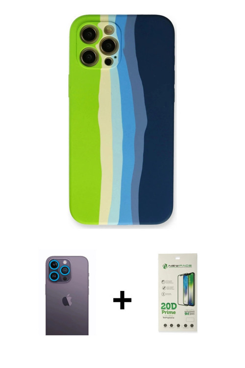 ieg™ iPhone 12 Pro Max Kılıf Yadigar Çizgi - Siyah 20D Premium Cam Ekran Koruyucu + Mavi Neon Fosfor