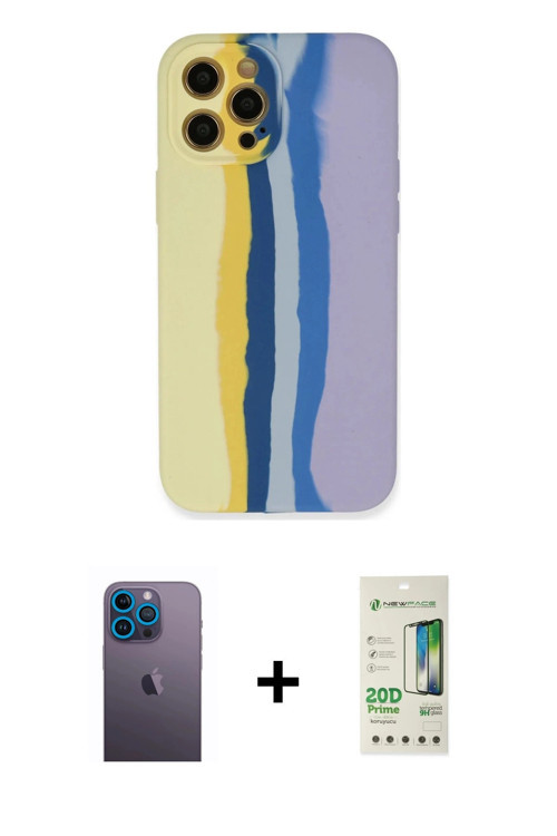 ieg™ iPhone 12 Pro Max Kılıf Yadigar Çizgi - Siyah 20D Premium Cam Ekran Koruyucu + Mavi Neon Fosfor