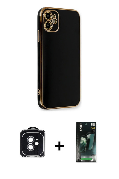 ieg™ iPhone 11 Kılıf Yankı Serisi - Şeffaf 360 Full Body Arka Koruyucu + Siyah PVD Metal Kamera Lens