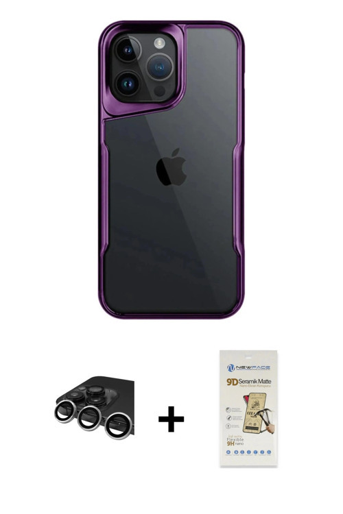 ieg™ iPhone 14 Pro Max Kılıf Akış Çizgi Koleksiyonu - Siyah Mat Seramik Nano Ekran Koruyucu + Gümüş