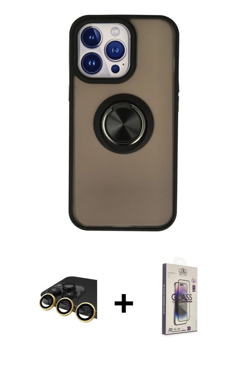 ieg™ iPhone 13 Pro Max Kılıf Yörünge Çizgi - Siyah Bilvis 3D Cam Ekran Koruyucu + Gold Raze Metal Ka
