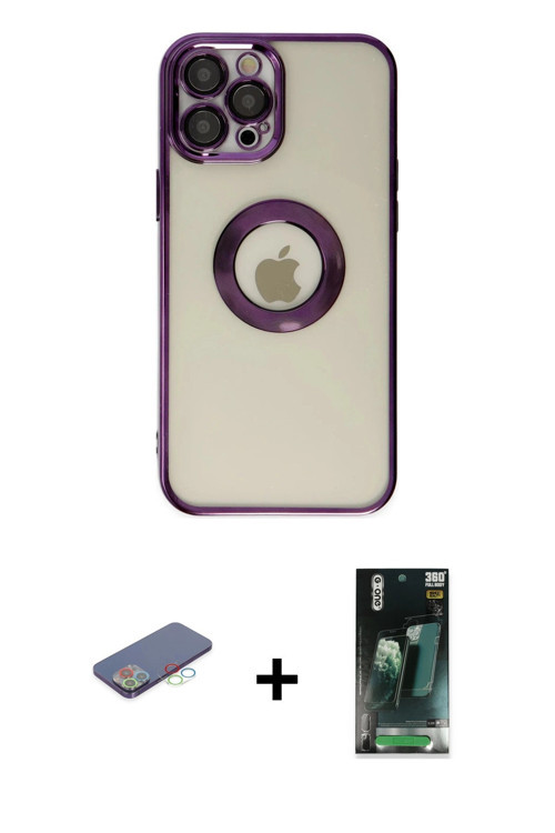 ieg™ iPhone 12 Pro Kılıf Pusula Form - Siyah 360 Mat Full Body Arka Koruyucu + Mavi Renkli Kamera Le