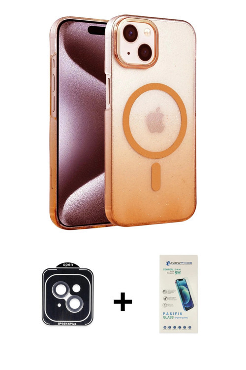 ieg™ iPhone 14 Kılıf Ahenk Doku Özel Seri - Şeffaf Pasifik Cam Ekran Koruyucu + Siyah PVD Metal Kame