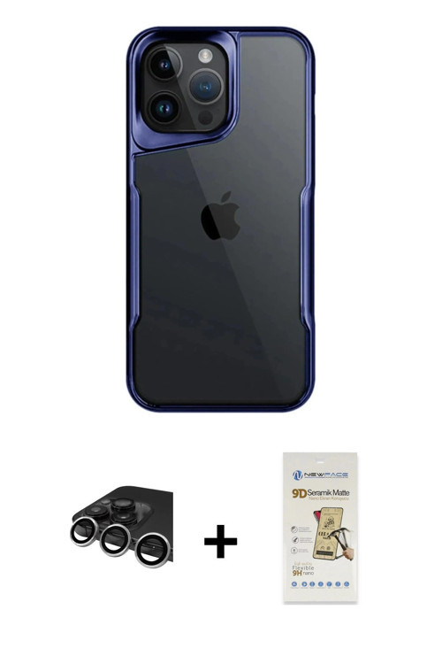 ieg™ iPhone 14 Pro Max Kılıf Akış Çizgi Koleksiyonu - Siyah Mat Seramik Nano Ekran Koruyucu + Gümüş