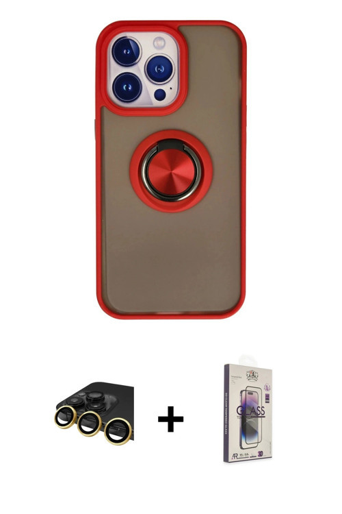 ieg™ iPhone 13 Pro Max Kılıf Yörünge Çizgi - Siyah Bilvis 3D Cam Ekran Koruyucu + Gold Raze Metal Ka