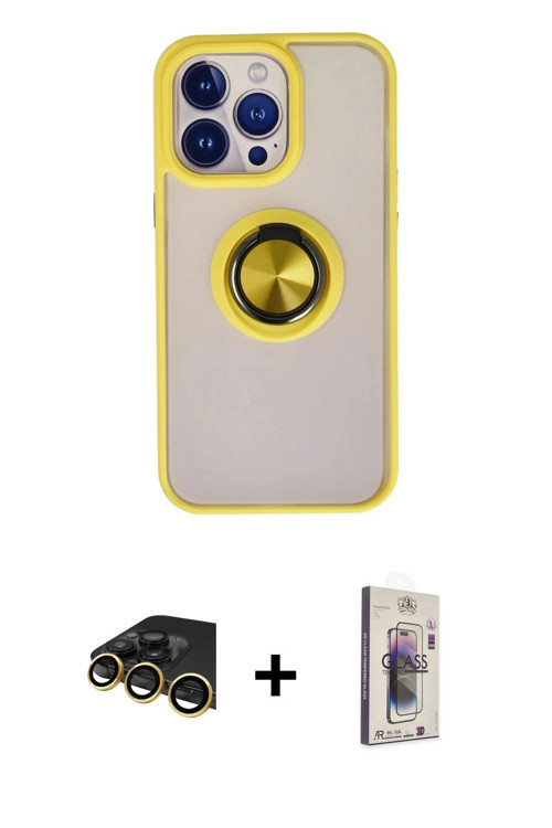 ieg™ iPhone 13 Pro Max Kılıf Yörünge Çizgi - Siyah Bilvis 3D Cam Ekran Koruyucu + Gold Raze Metal Ka