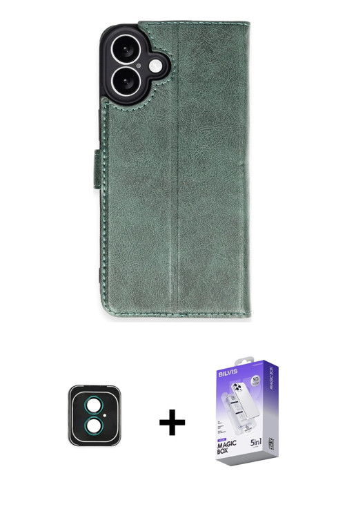 ieg™ iPhone 16 Kılıf Siluet Işık Serisi - Siyah Bilvis 5in1 3D Magic Cam Ekran Koruyucu + Yeşil PVD