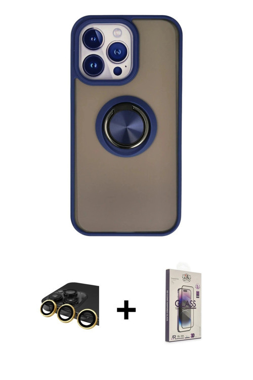 ieg™ iPhone 13 Pro Max Kılıf Yörünge Çizgi - Siyah Bilvis 3D Cam Ekran Koruyucu + Gold Raze Metal Ka