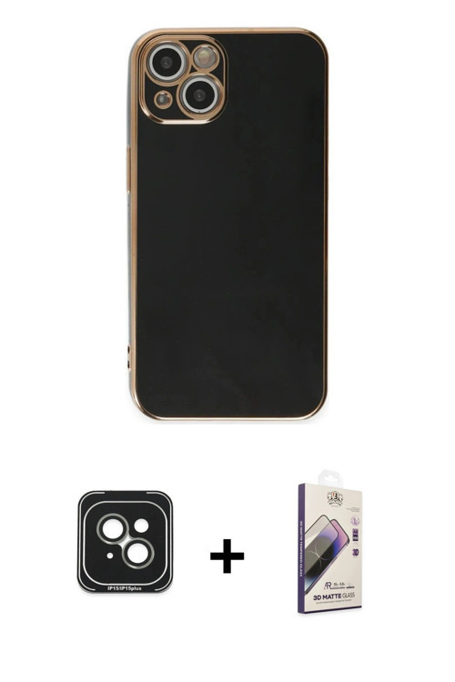 ieg™ iPhone 15 Kılıf Yankı Serisi - Siyah Bilvis 3D Mat Cam Ekran Koruyucu + Yeşil PVD Metal Kamera