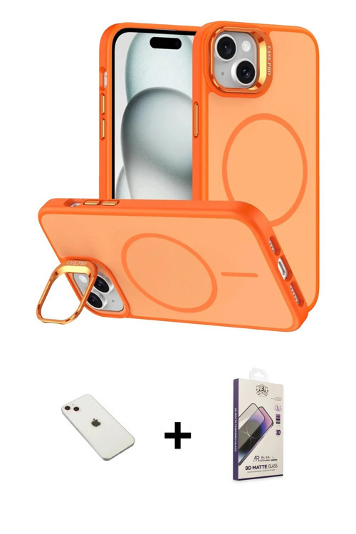 ieg™ iPhone 14 Kılıf Çekirdek Klasik - Siyah Bilvis 3D Mat Cam Ekran Koruyucu + Pembe Diamond Kamera