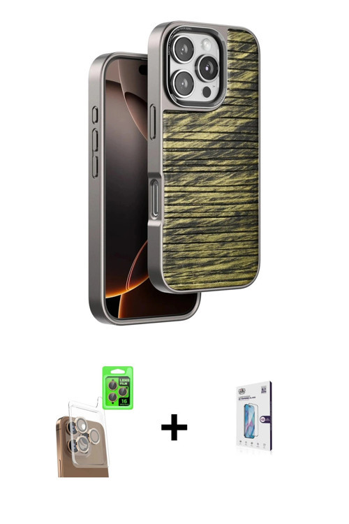 ieg™ iPhone 16 Pro Kılıf Atlas Minimal Özel Seri - Siyah Bilvis 0.18mm Plus Cam Ekran Koruyucu + Çöl