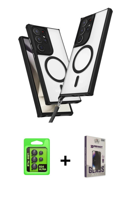ieg™ Galaxy S24 Ultra Kılıf Atlas Doku Koleksiyonu - Siyah Bilvis Hayalet Cam Ekran Koruyucu + Siyah