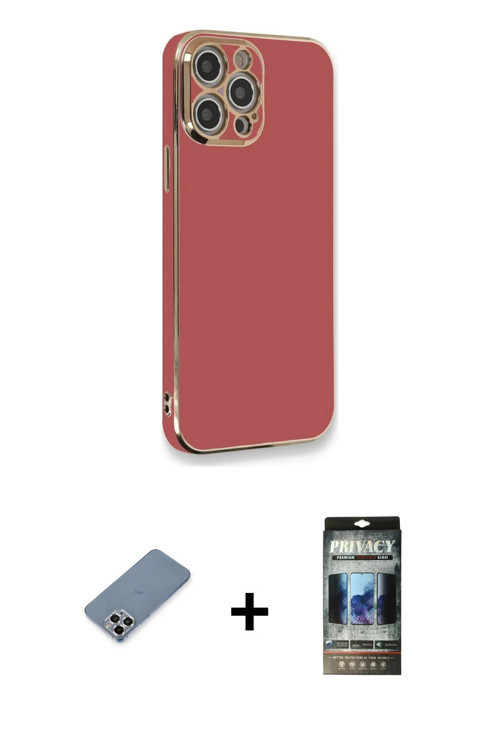 ieg™ iPhone 12 Pro Kılıf Yankı Serisi - Siyah 34D Hayalet Izgaralı Cam + Gümüş Metal Kamera Lens Kor