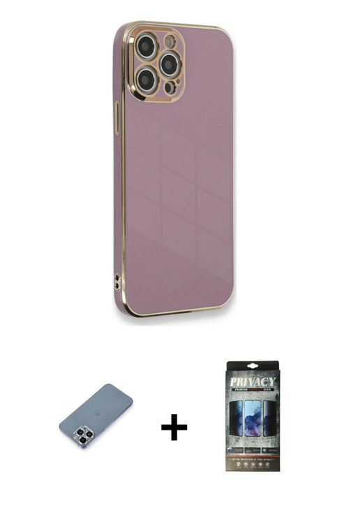ieg™ iPhone 12 Pro Kılıf Yankı Serisi - Siyah 34D Hayalet Izgaralı Cam + Gümüş Metal Kamera Lens Kor