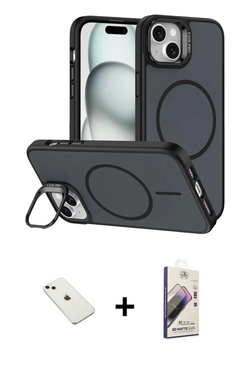 ieg™ iPhone 14 Kılıf Çekirdek Klasik - Siyah Bilvis 3D Mat Cam Ekran Koruyucu + Pembe Diamond Kamera