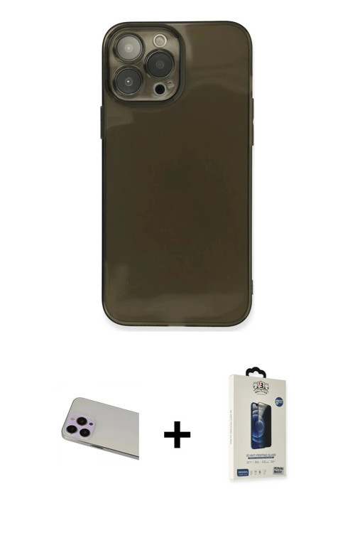 ieg™ iPhone 13 Pro Max Kılıf Ahenk Doku - Siyah Bilvis Hayalet Cam Ekran Koruyucu + Mor Rainbow Kame