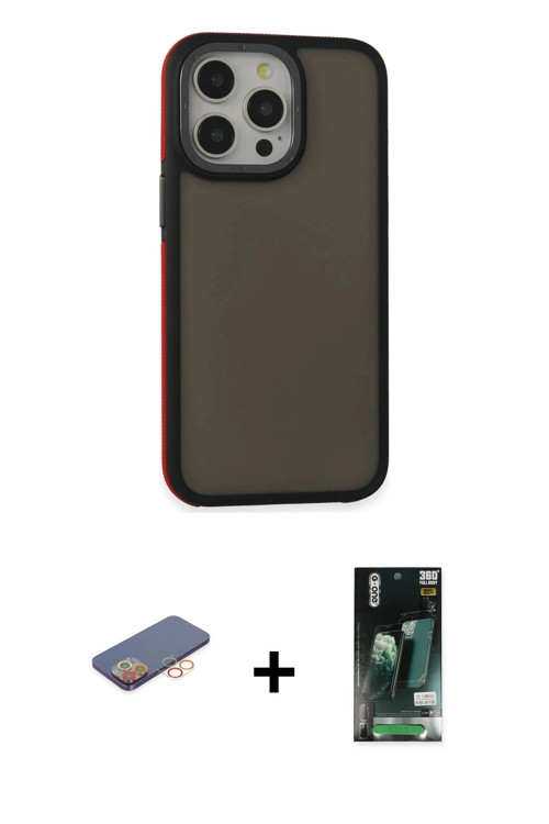 ieg™ iPhone 13 Pro Max Kılıf Eksen Işık - Şeffaf 360 Full Body Arka Koruyucu + Turuncu Renkli Kamera