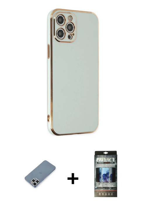 ieg™ iPhone 12 Pro Kılıf Yankı Serisi - Siyah 34D Hayalet Izgaralı Cam + Gümüş Metal Kamera Lens Kor