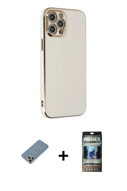 ieg™ iPhone 12 Pro Kılıf Yankı Serisi - Siyah 34D Hayalet Izgaralı Cam + Gümüş Metal Kamera Lens Kor