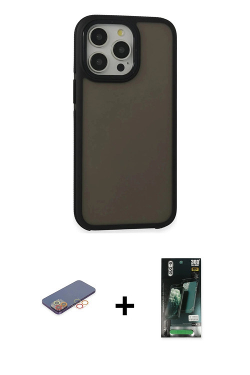 ieg™ iPhone 13 Pro Max Kılıf Eksen Işık - Şeffaf 360 Full Body Arka Koruyucu + Turuncu Renkli Kamera