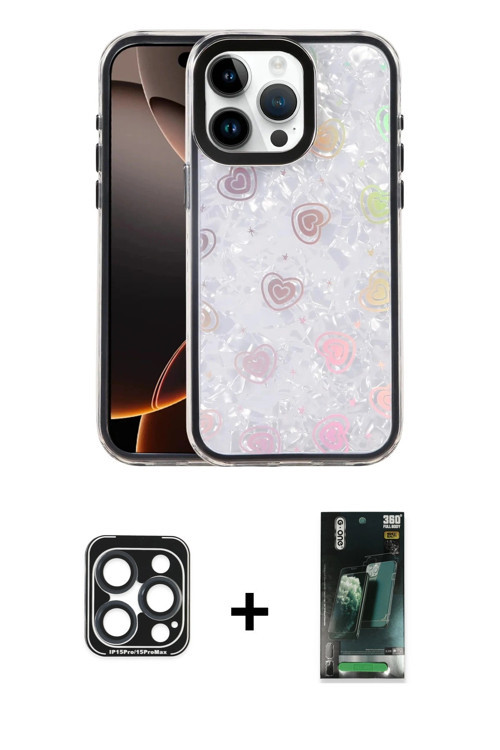ieg™ iPhone 15 Pro Max Kılıf Odak Prime - Şeffaf 360 Full Body Arka Koruyucu + Lacivert PVD Metal Ka