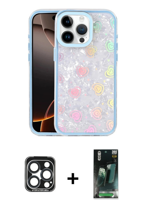ieg™ iPhone 15 Pro Max Kılıf Odak Prime - Şeffaf 360 Full Body Arka Koruyucu + Lacivert PVD Metal Ka