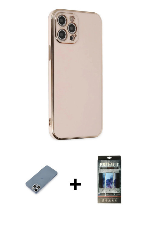 ieg™ iPhone 12 Pro Kılıf Yankı Serisi - Siyah 34D Hayalet Izgaralı Cam + Gümüş Metal Kamera Lens Kor