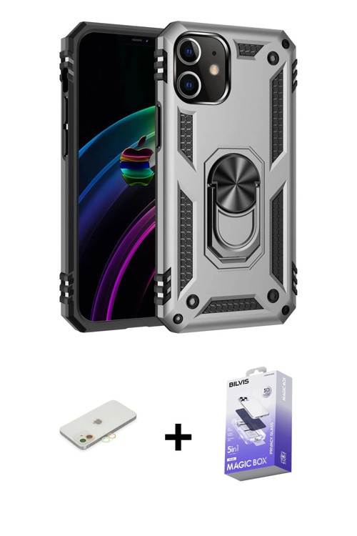 iPhone 12 Kılıf Ahenk Klasik Koleksiyonu - Siyah Bilvis 5in1 5D Magic Hayalet Cam Ekran Koruyuc