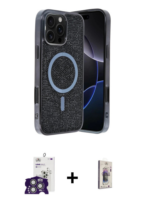 ieg™ iPhone 16 Pro Max Kılıf Eksen Çizgi - Siyah Bilvis 3D Cam Ekran Koruyucu + Gümüş Bilvis Titan K