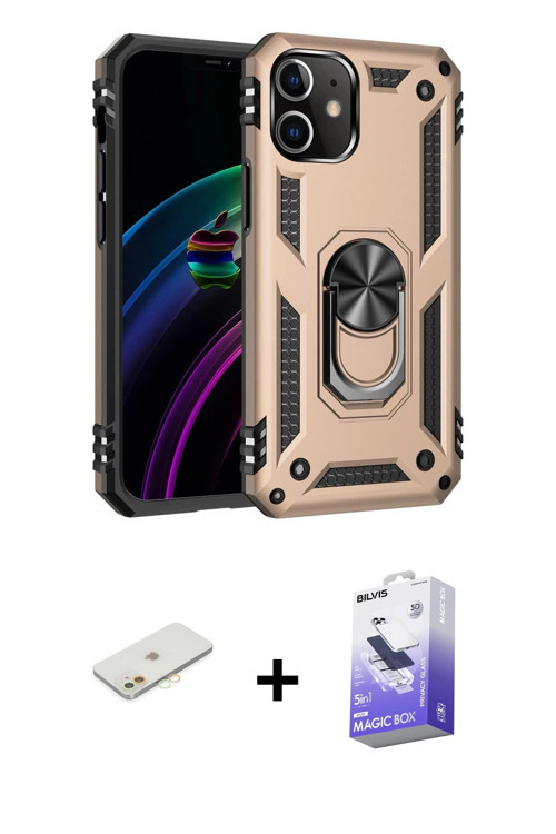 iPhone 12 Kılıf Ahenk Klasik Koleksiyonu - Siyah Bilvis 5in1 5D Magic Hayalet Cam Ekran Koruyuc