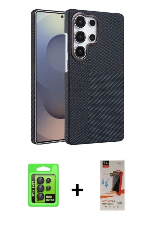 ieg™ Galaxy S23 Ultra Kılıf Doruk Serisi - Siyah AutoKit 5in1 Fiber Hayalet Cam Ekran Koruyucu + Siy