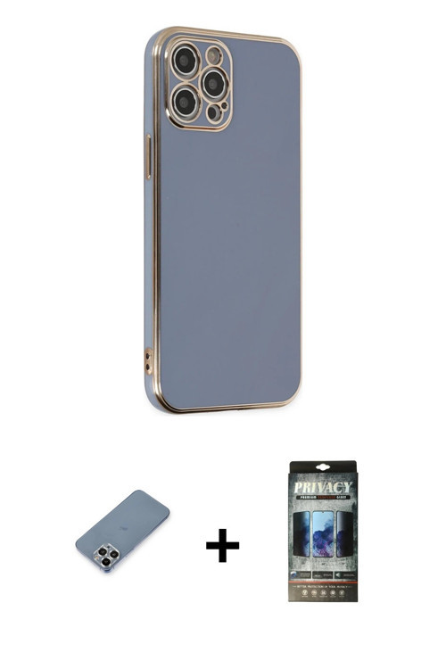 ieg™ iPhone 12 Pro Kılıf Yankı Serisi - Siyah 34D Hayalet Izgaralı Cam + Gümüş Metal Kamera Lens Kor