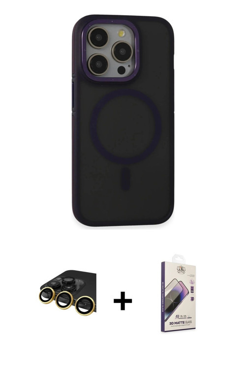 ieg™ iPhone 14 Pro Max Kılıf Ahenk Form Serisi - Siyah Bilvis 3D Mat Cam Ekran Koruyucu + Gold Raze
