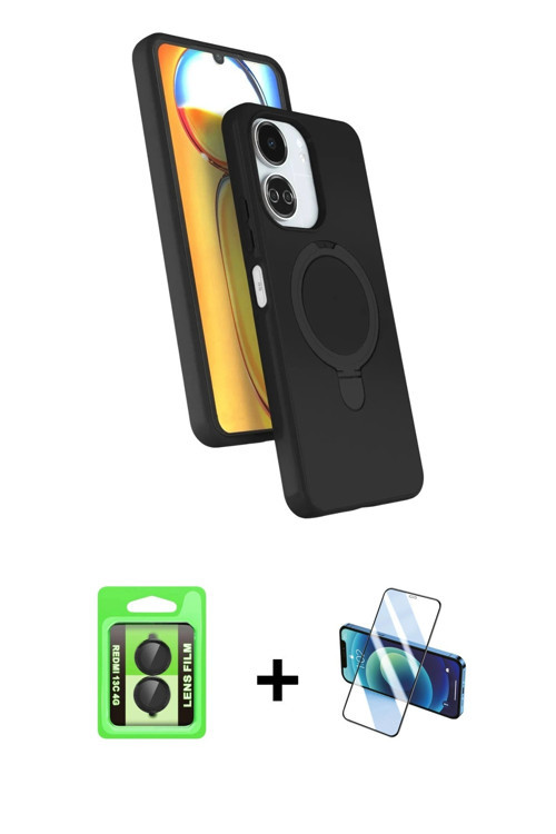 ieg™ Redmi 13C Kılıf İz Işık Koleksiyonu - Siyah 3D Antistatik Cam Ekran Koruyucu + Siyah Raze Metal