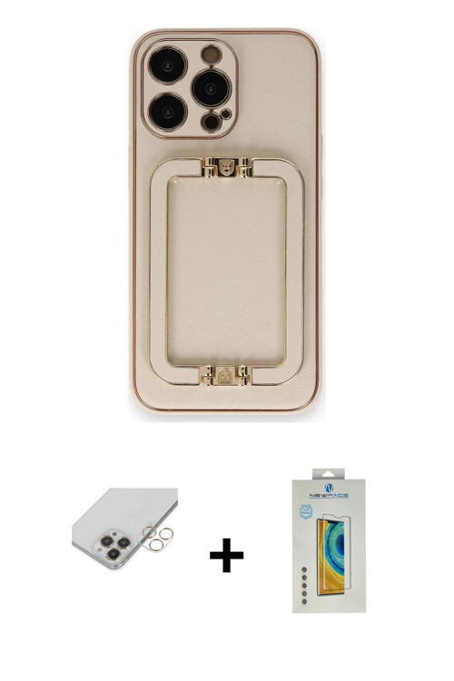 ieg™ iPhone 14 Pro Max Kılıf Kozmos Minimal Prime - Siyah Polymer Nano Ekran Koruyucu + Gold Band Me