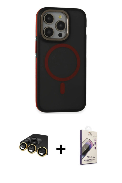 ieg™ iPhone 14 Pro Max Kılıf Ahenk Form Serisi - Siyah Bilvis 3D Mat Cam Ekran Koruyucu + Gold Raze