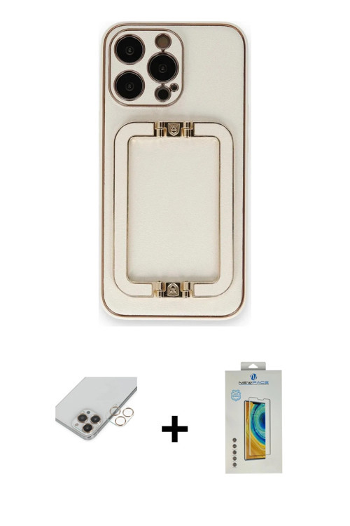 ieg™ iPhone 14 Pro Max Kılıf Kozmos Minimal Prime - Siyah Polymer Nano Ekran Koruyucu + Gold Band Me