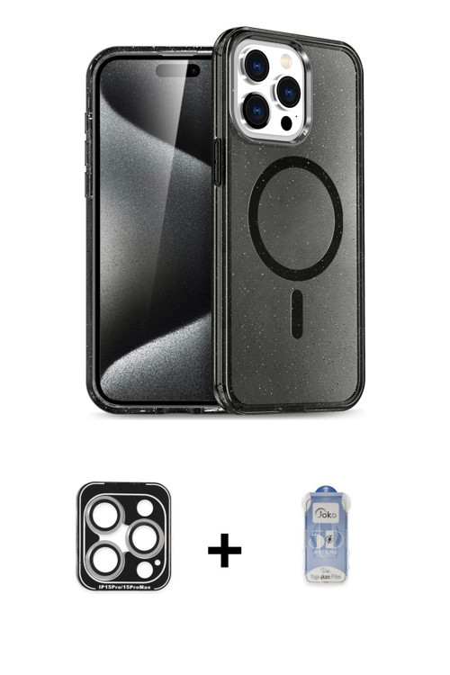 ieg™ iPhone 15 Pro Max Kılıf Nova Asil Prime - Siyah Joko Magic 5D Cam + Gümüş PVD Metal Kamera Lens