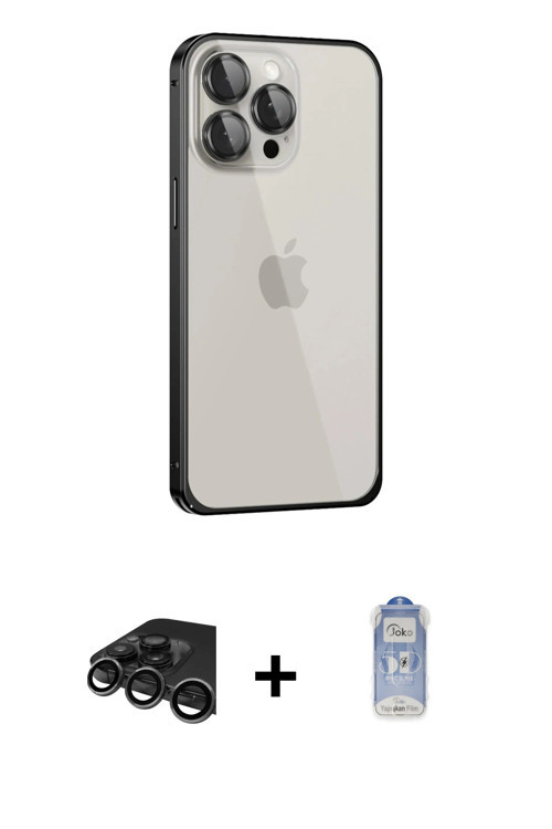 ieg™ iPhone 15 Pro Kılıf Eksen Form Serisi - Siyah Joko Magic 5D Cam + Titanyum Gri Raze Metal Kamer