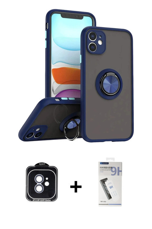 ieg™ iPhone 11 Kılıf Yörünge Çizgi - Şeffaf Uv Polymer Nano Ekran Koruyucu + Mavi PVD Metal Kamera L