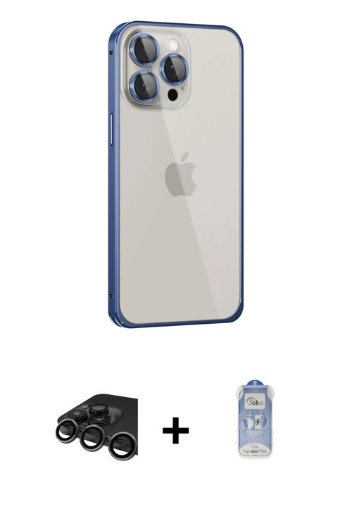 ieg™ iPhone 15 Pro Kılıf Eksen Form Serisi - Siyah Joko Magic 5D Cam + Titanyum Gri Raze Metal Kamer