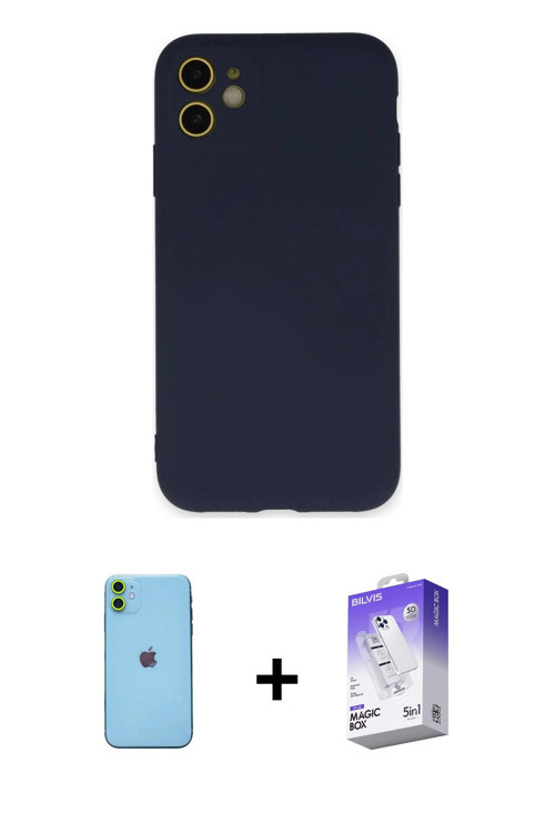 ieg™ iPhone 11 Kılıf Ahenk Serisi - Siyah Bilvis 5in1 3D Magic Cam Ekran Koruyucu + Yeşil Neon Fosfo
