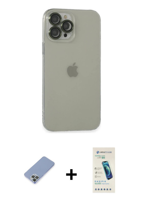 ieg™ iPhone 13 Pro Max Kılıf Ufuk Minimal Özel Seri - Şeffaf Pasifik Cam Ekran Koruyucu + Koyu Yeşil