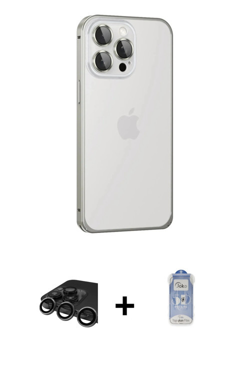 ieg™ iPhone 15 Pro Kılıf Eksen Form Serisi - Siyah Joko Magic 5D Cam + Titanyum Gri Raze Metal Kamer