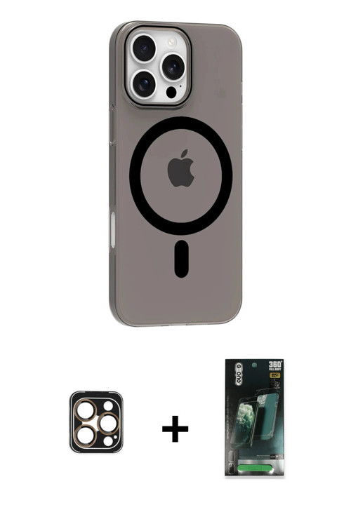 ieg™ iPhone 16 Pro Max Kılıf Pusula Form Özel Seri - Siyah 360 Mat Full Body Arka Koruyucu + Gold PV