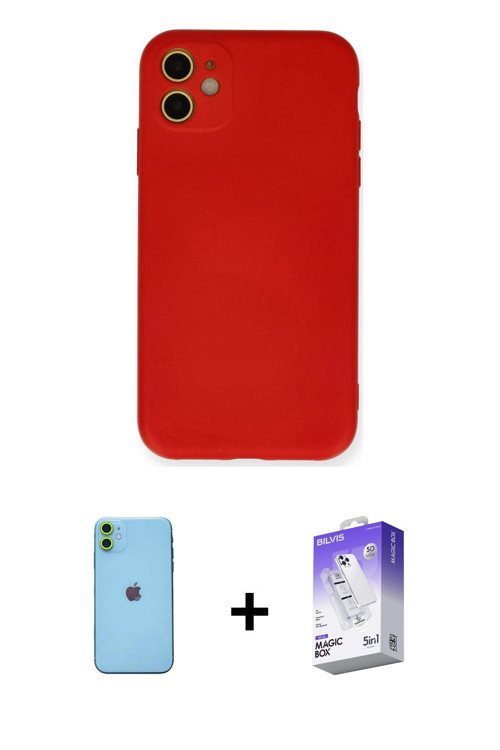 ieg™ iPhone 11 Kılıf Ahenk Serisi - Siyah Bilvis 5in1 3D Magic Cam Ekran Koruyucu + Yeşil Neon Fosfo