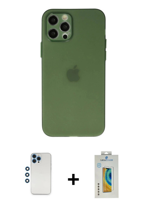ieg™ iPhone 12 Pro Kılıf Atlas Minimal Prime - Siyah Polymer Nano Ekran Koruyucu + Mavi Shine Kamera