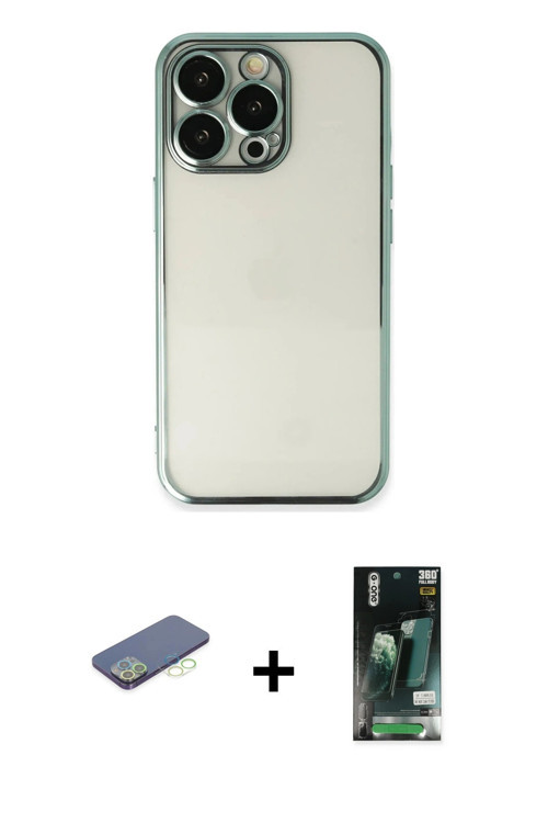 ieg™ iPhone 13 Pro Kılıf Vadi Minimal - Şeffaf 360 Full Body Arka Koruyucu + Yeşil Renkli Kamera Len