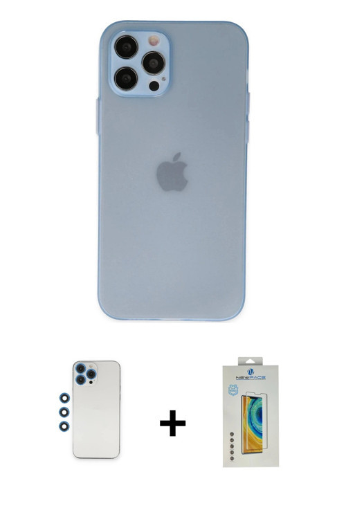 ieg™ iPhone 12 Pro Kılıf Atlas Minimal Prime - Siyah Polymer Nano Ekran Koruyucu + Mavi Shine Kamera