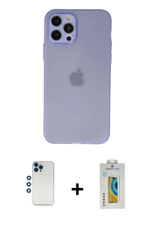 ieg™ iPhone 12 Pro Kılıf Atlas Minimal Prime - Siyah Polymer Nano Ekran Koruyucu + Mavi Shine Kamera